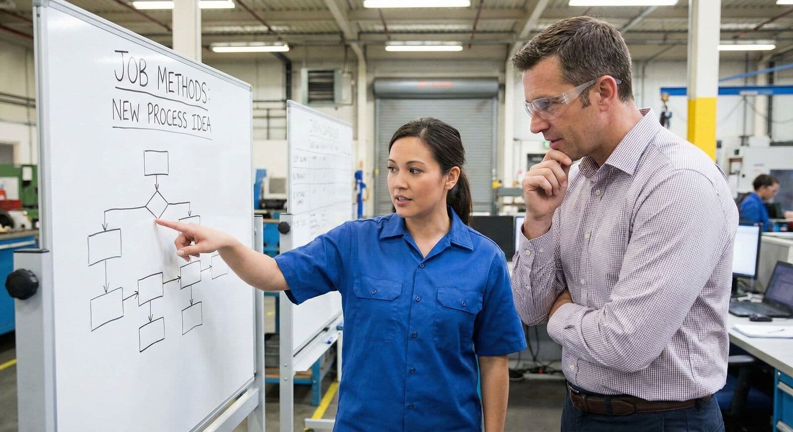 Lean manufacturing professionals collaborating